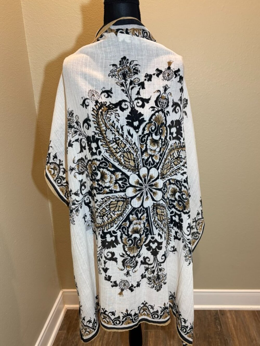 J.Jill Black Cream Gold Wrap Scarf Tassel Modal Rayon Linen Cotton